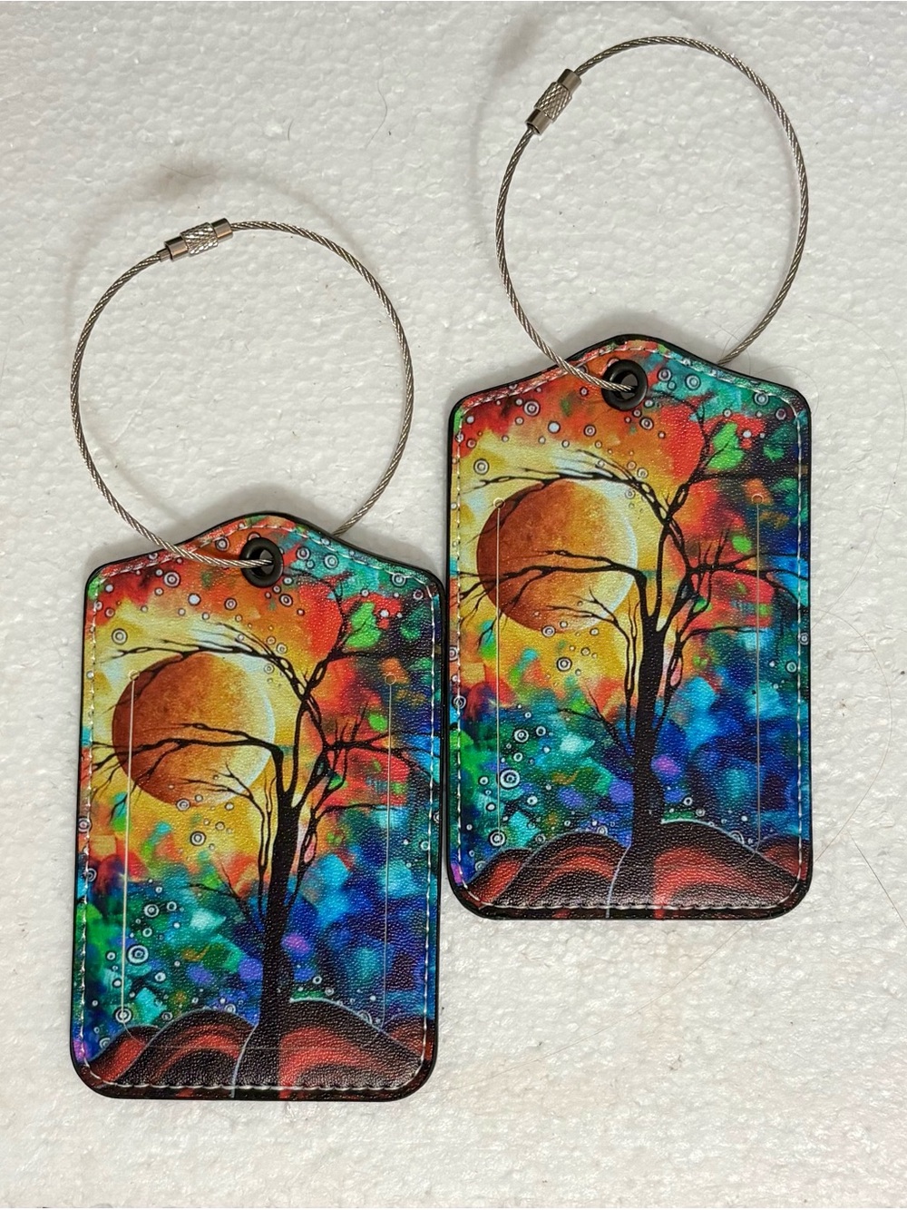 Lot of 2 Megan Aroon Duncanson Colorful Tree Art Faux Leather Luggage Tags New